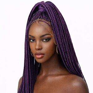 Braided Wig Frontal Lace Closure Box Braids 26" Purple Ready to Ship